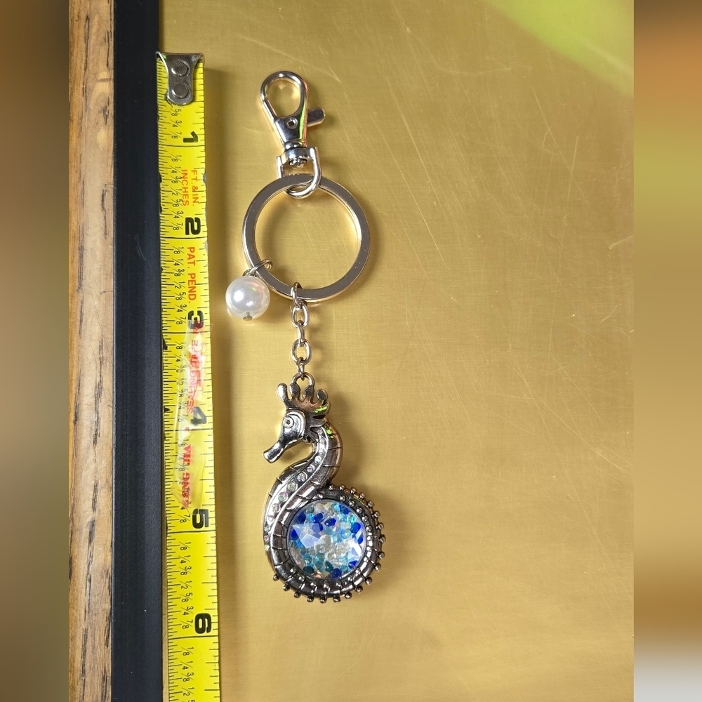 Silver Tone Vtg Seahorse Keychain/ Bag Charm  with Blue Crystal Accents - Picture 3 of 17